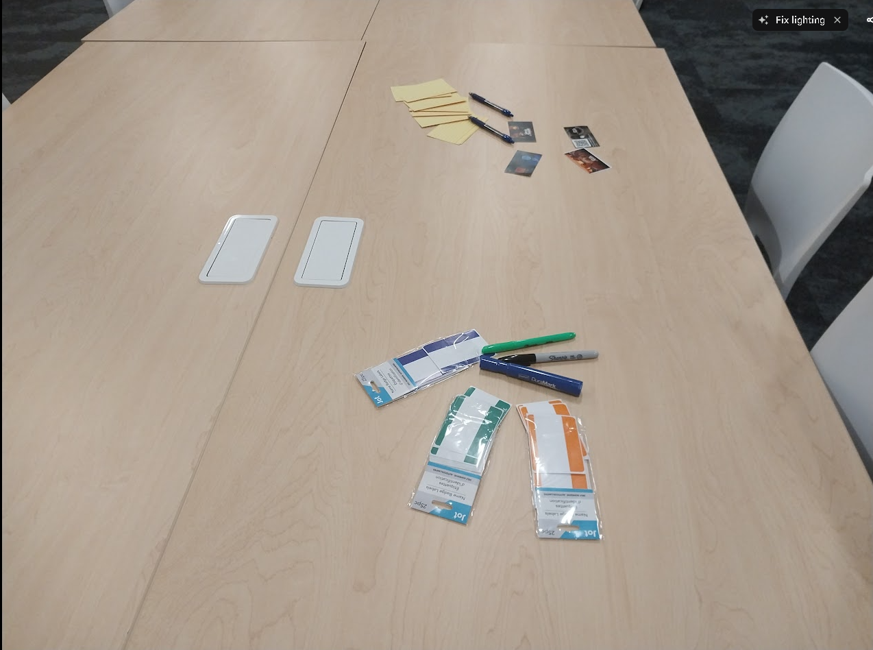 A community work table set out with markers, sticky notes, and prototype cards